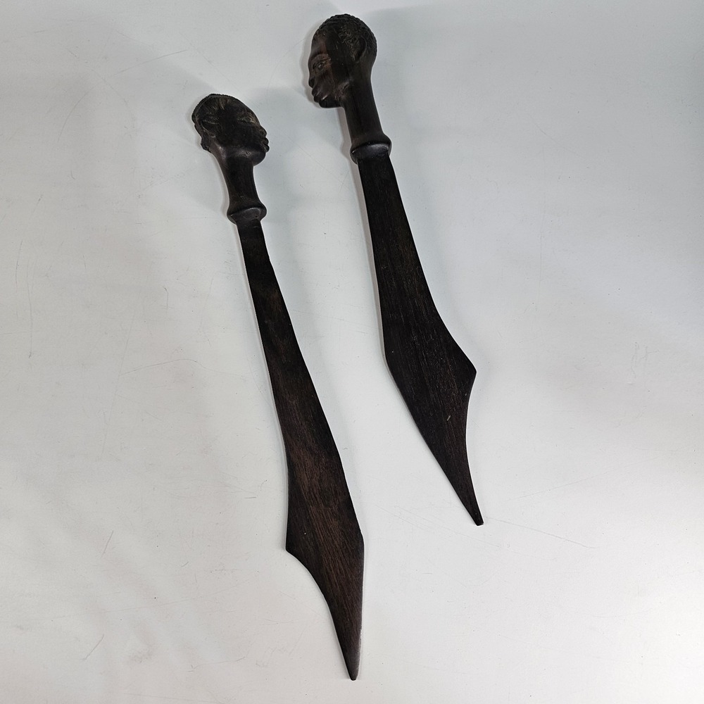 African Hand Carved Ebony Wood Man Woman Set Head Letter Opener Tribal Decor